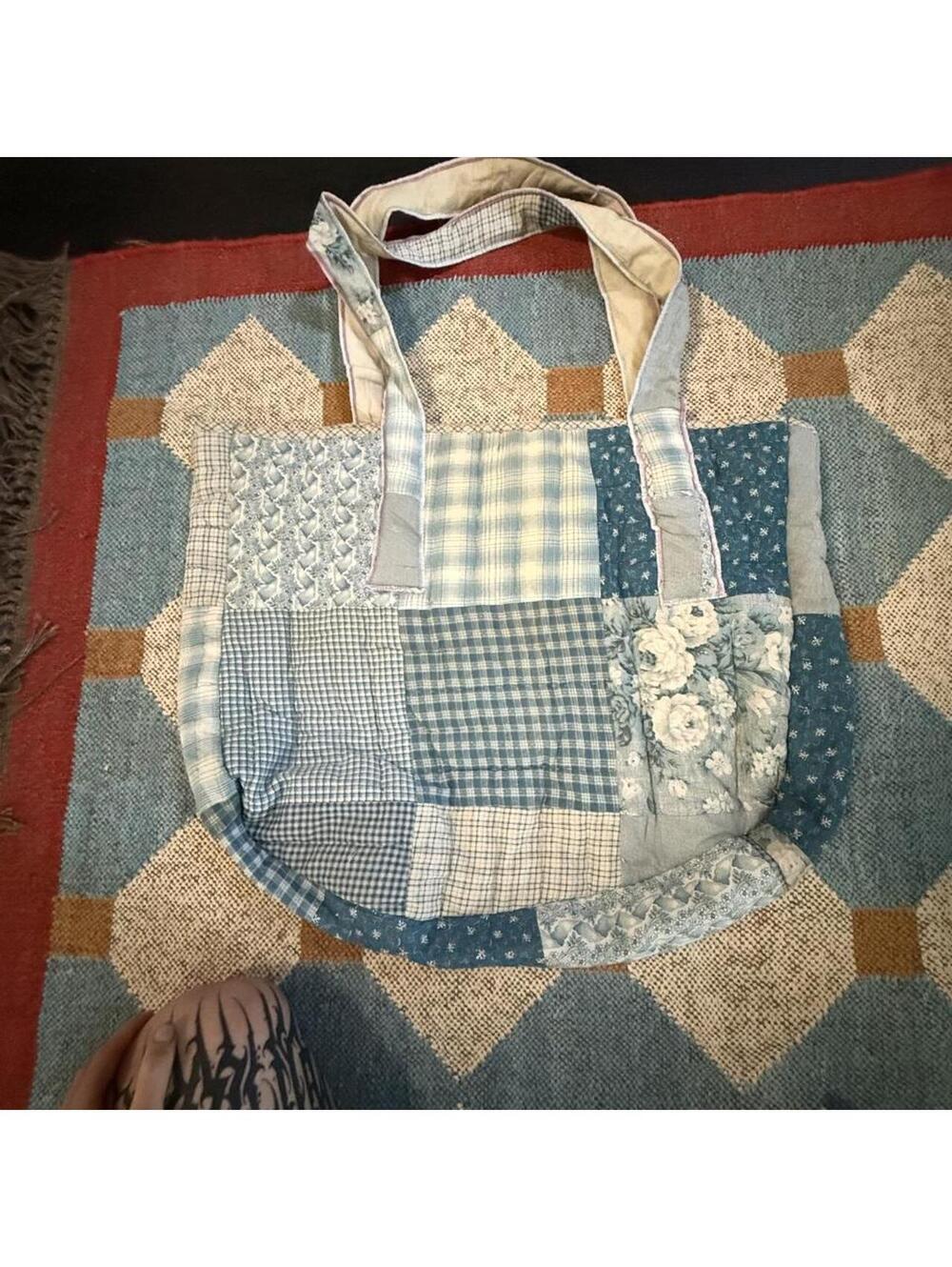Handmade custom one of one quilt blue cream patchwork upcycled tote bag large